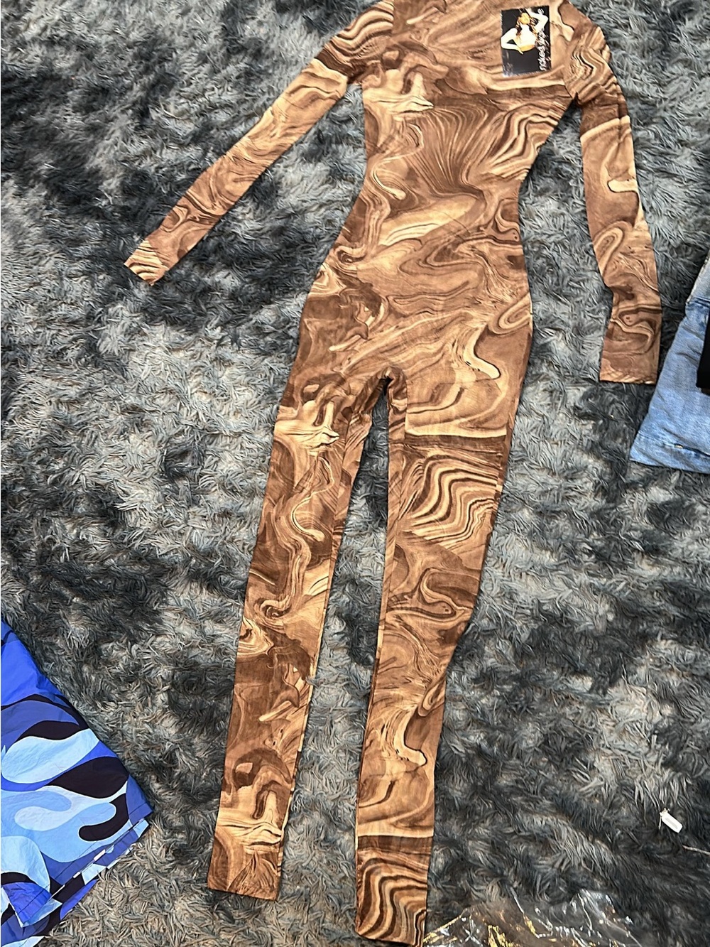 naked wardrobe Brown Marble-Print Long-Sleeve Jumpsuit Size Small